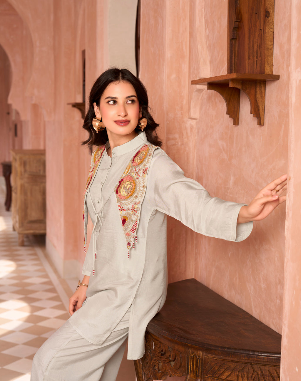 CELESTE LIGHT GREY ATTACHED CAPE KURTA SET