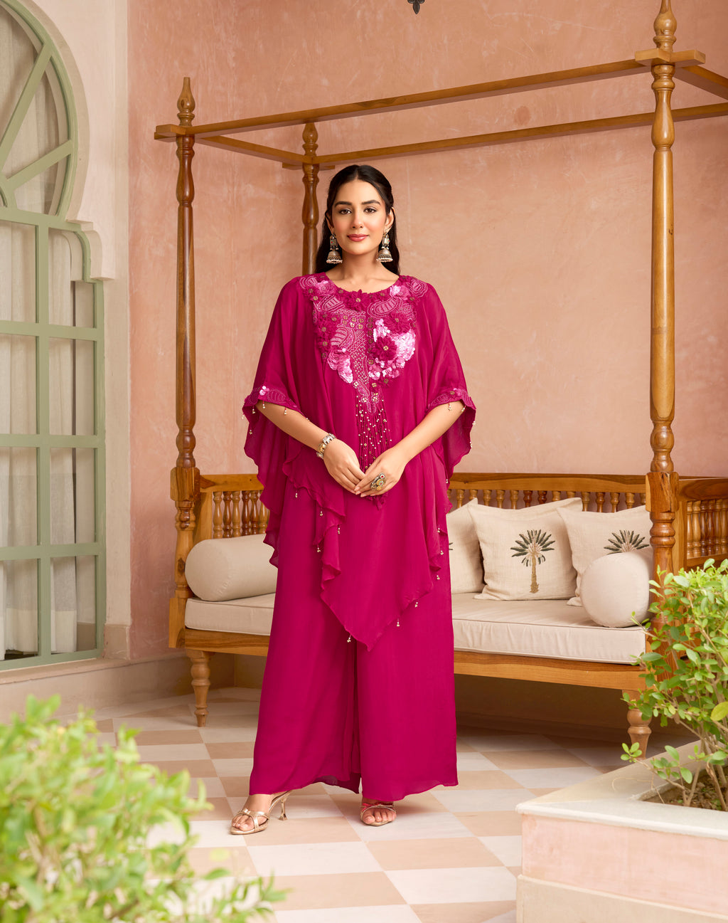 ROSE FUCHSIA STATEMENT PONCHO SET