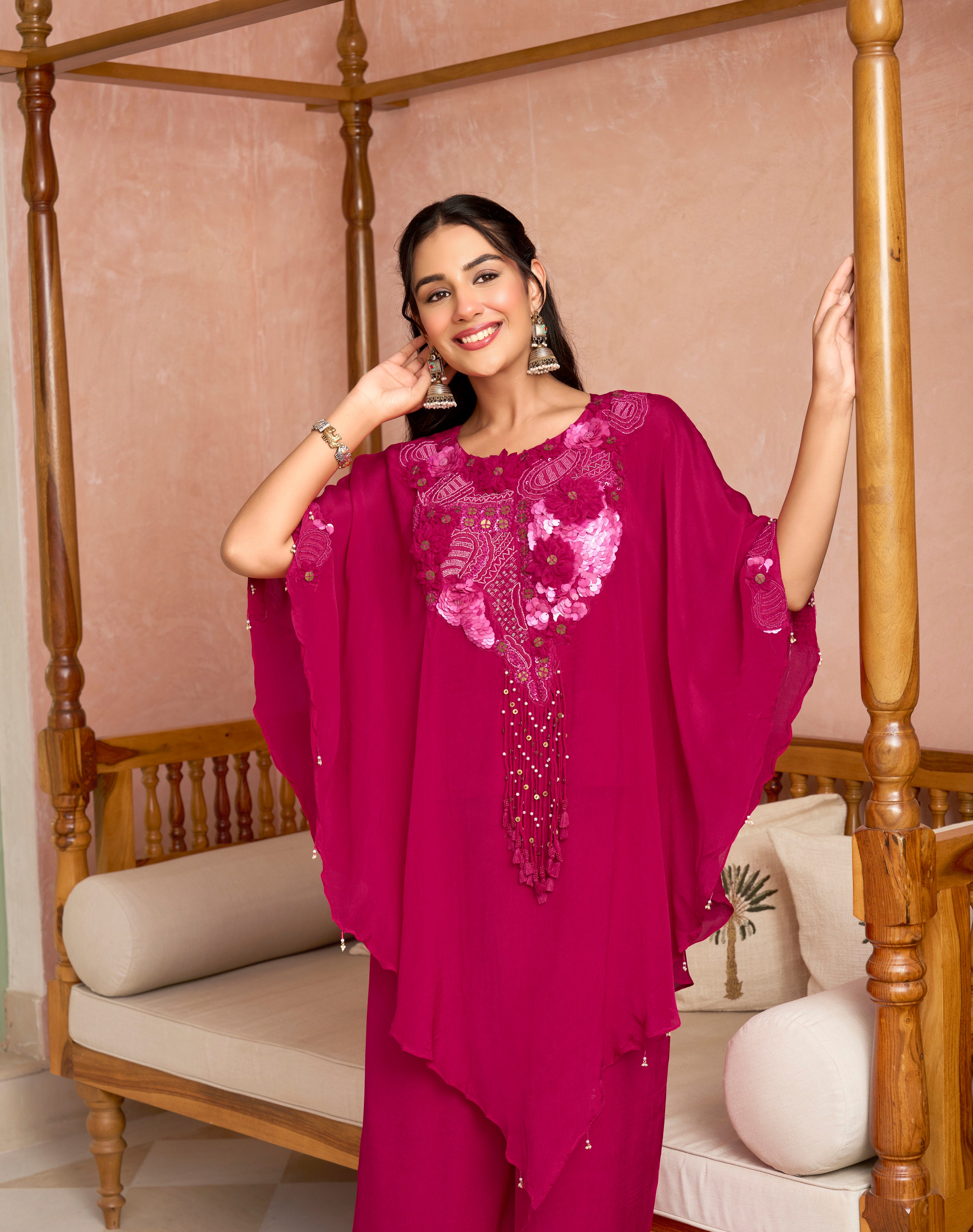 ROSE FUCHSIA STATEMENT PONCHO SET