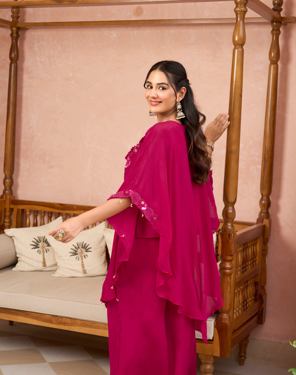 ROSE FUCHSIA STATEMENT PONCHO SET