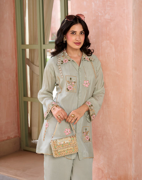 Sage Green Floral Embroidered Co-Ord Set