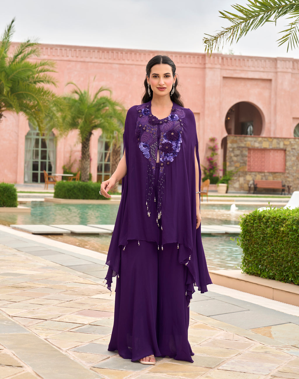 ELEGANT PURPLE EMBELLISHED CAPE AND PANT SET