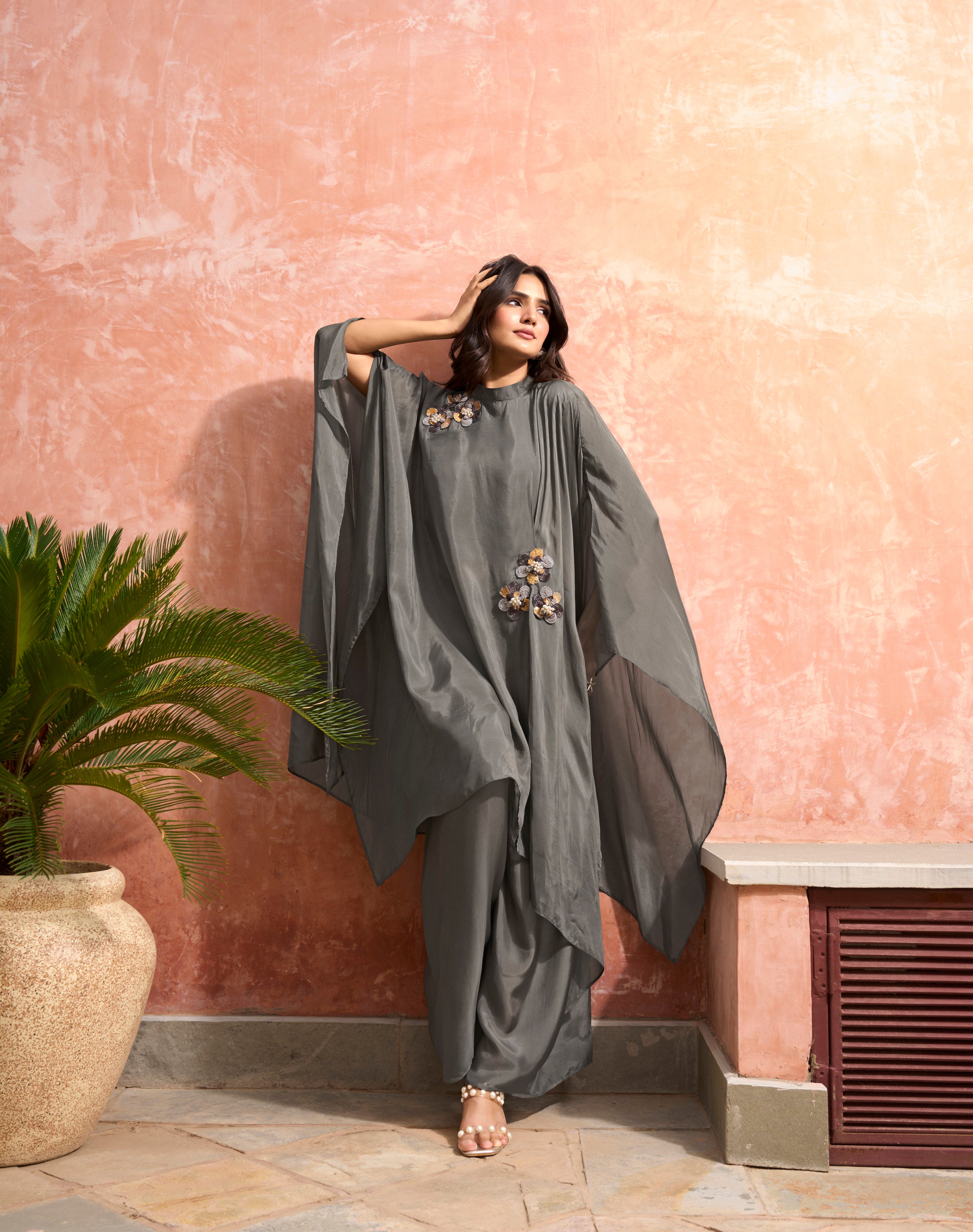 Charcoal Grey Floral Applique Kaftan Set