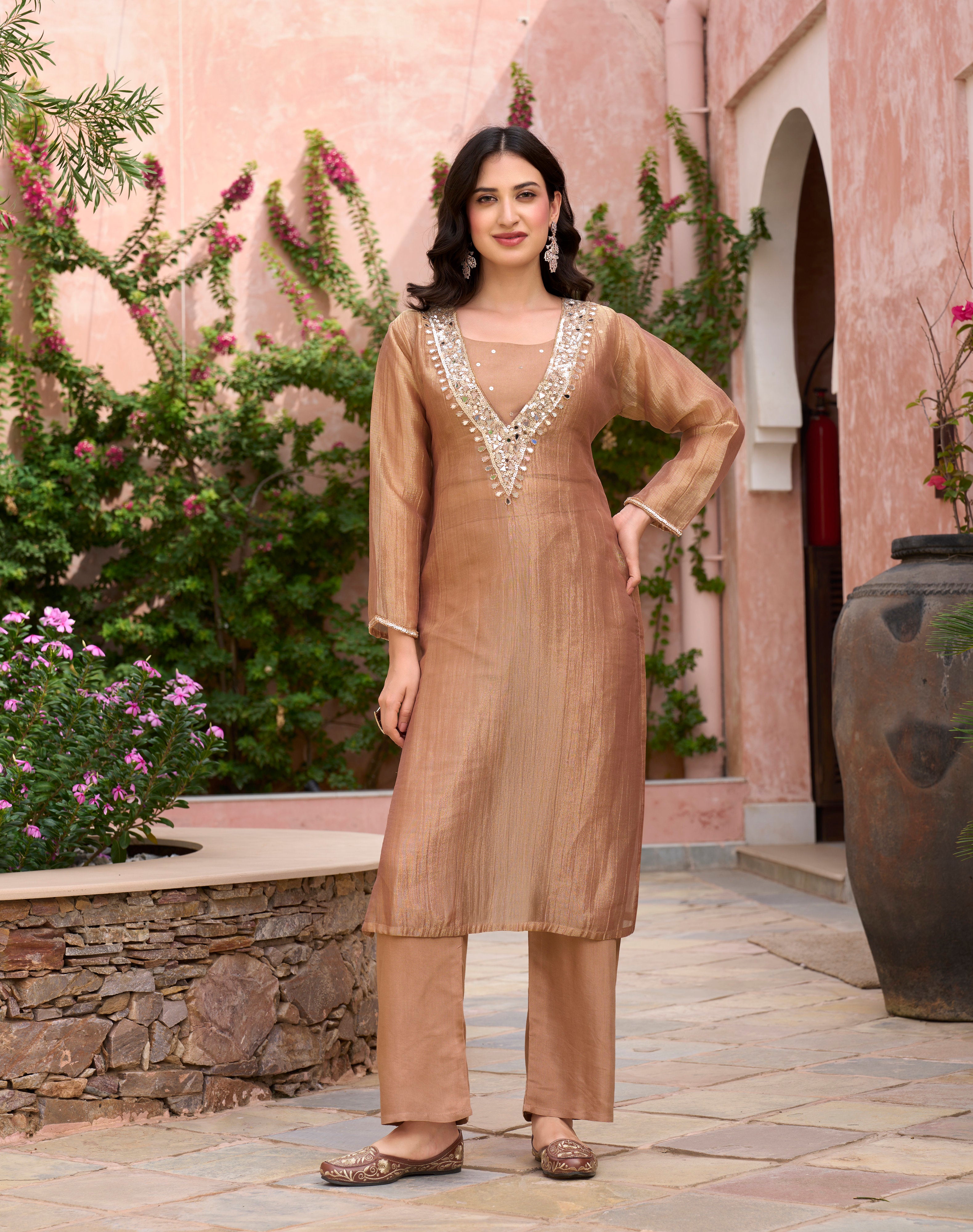 CARAMEL EMBLLISHED V-NECK KURTA & PANTS SET