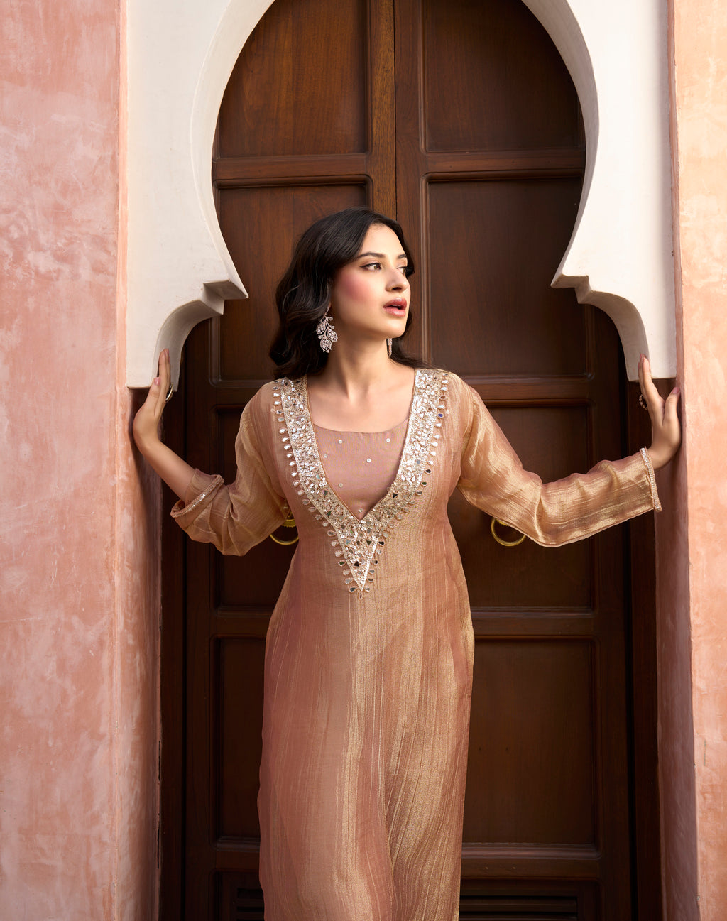 Caramel Embellished V-Neck Kurta & Pants Set