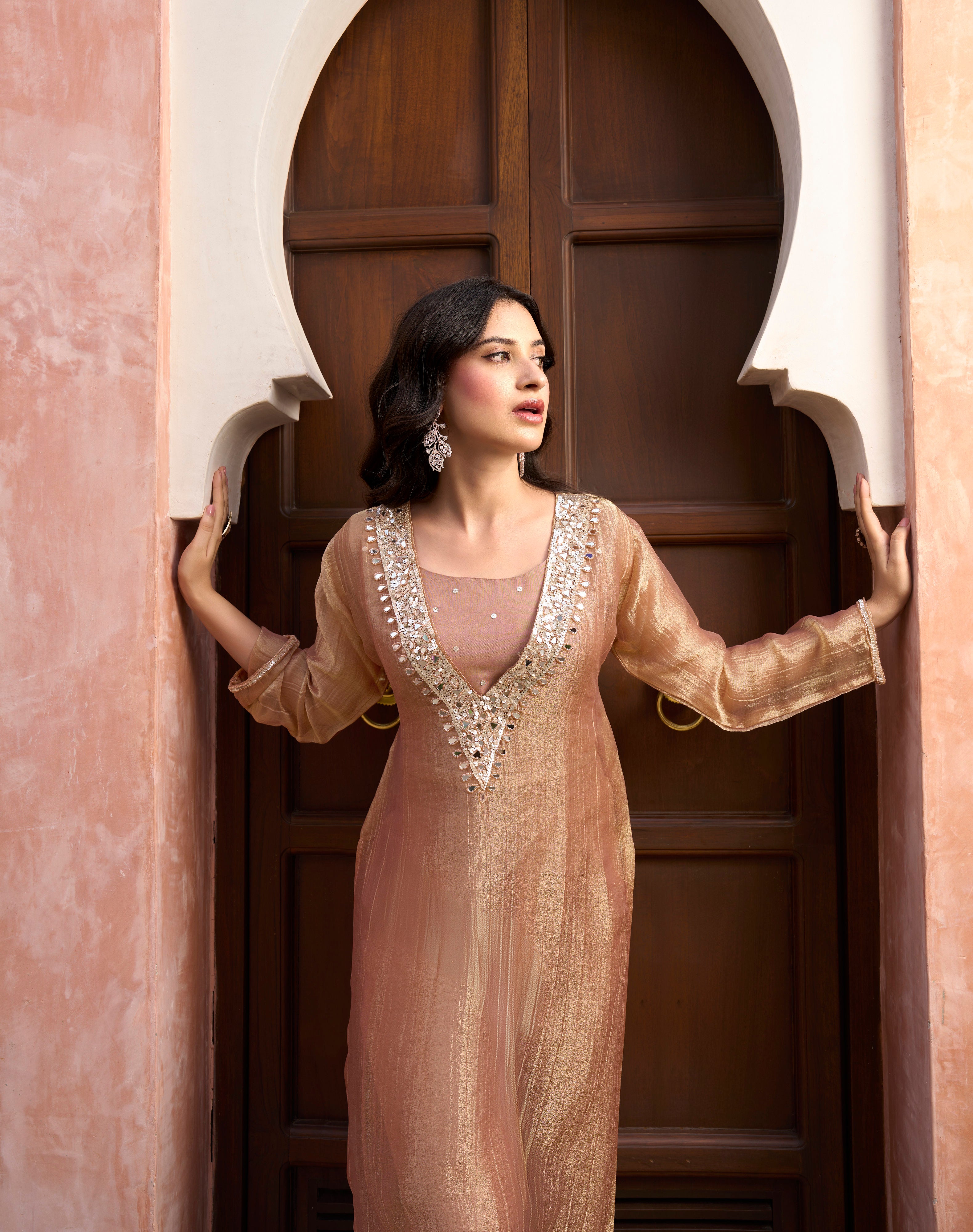 CARAMEL EMBLLISHED V-NECK KURTA & PANTS SET