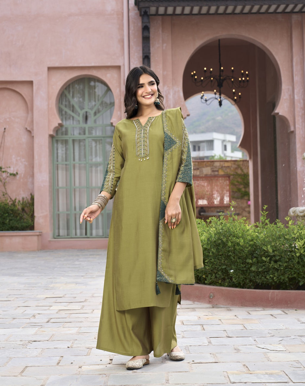 Olive Green Heritage Embroidered Kurta Set