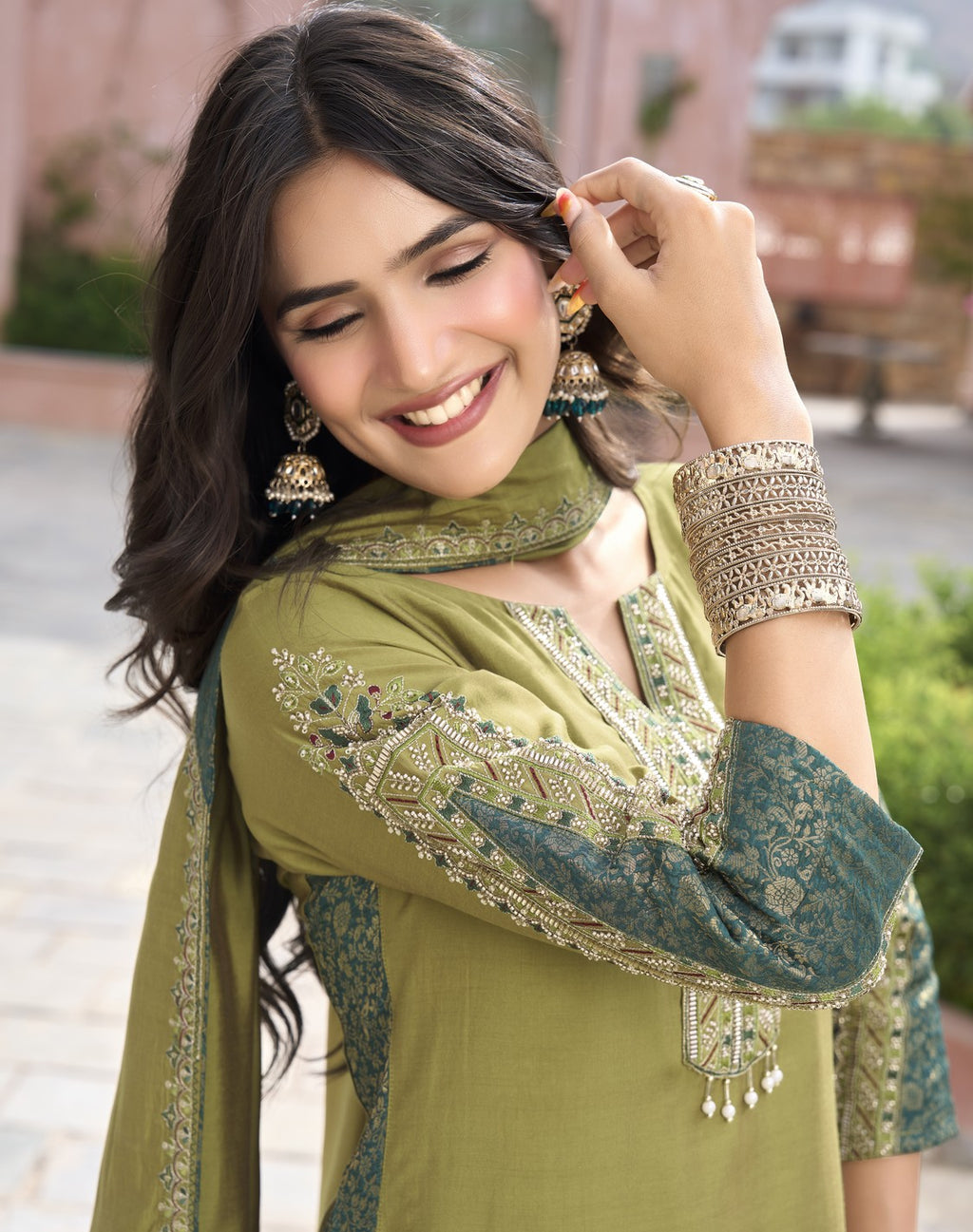 Olive Green Heritage Embroidered Kurta Set