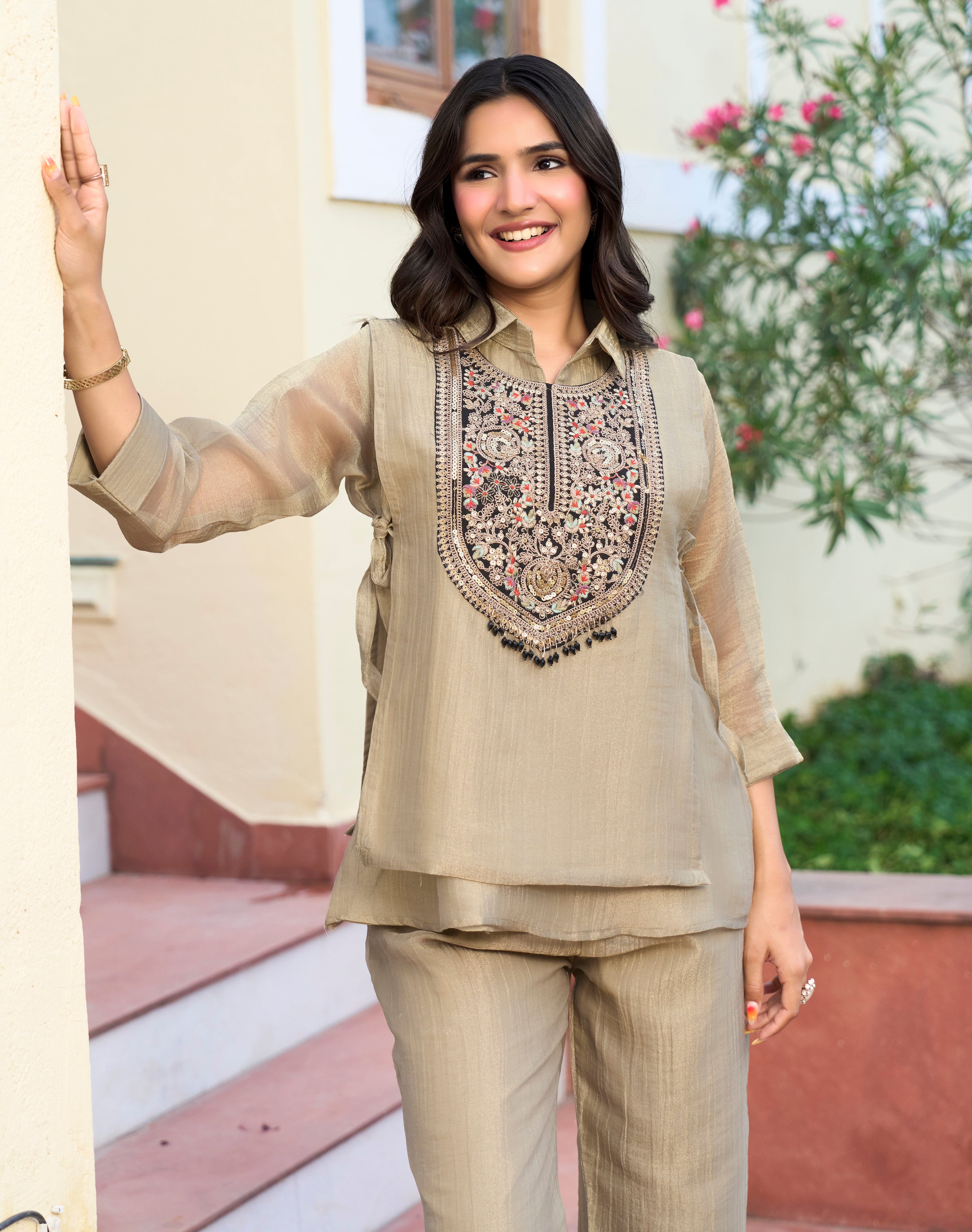 Beige Embroidered Co-Ord Set