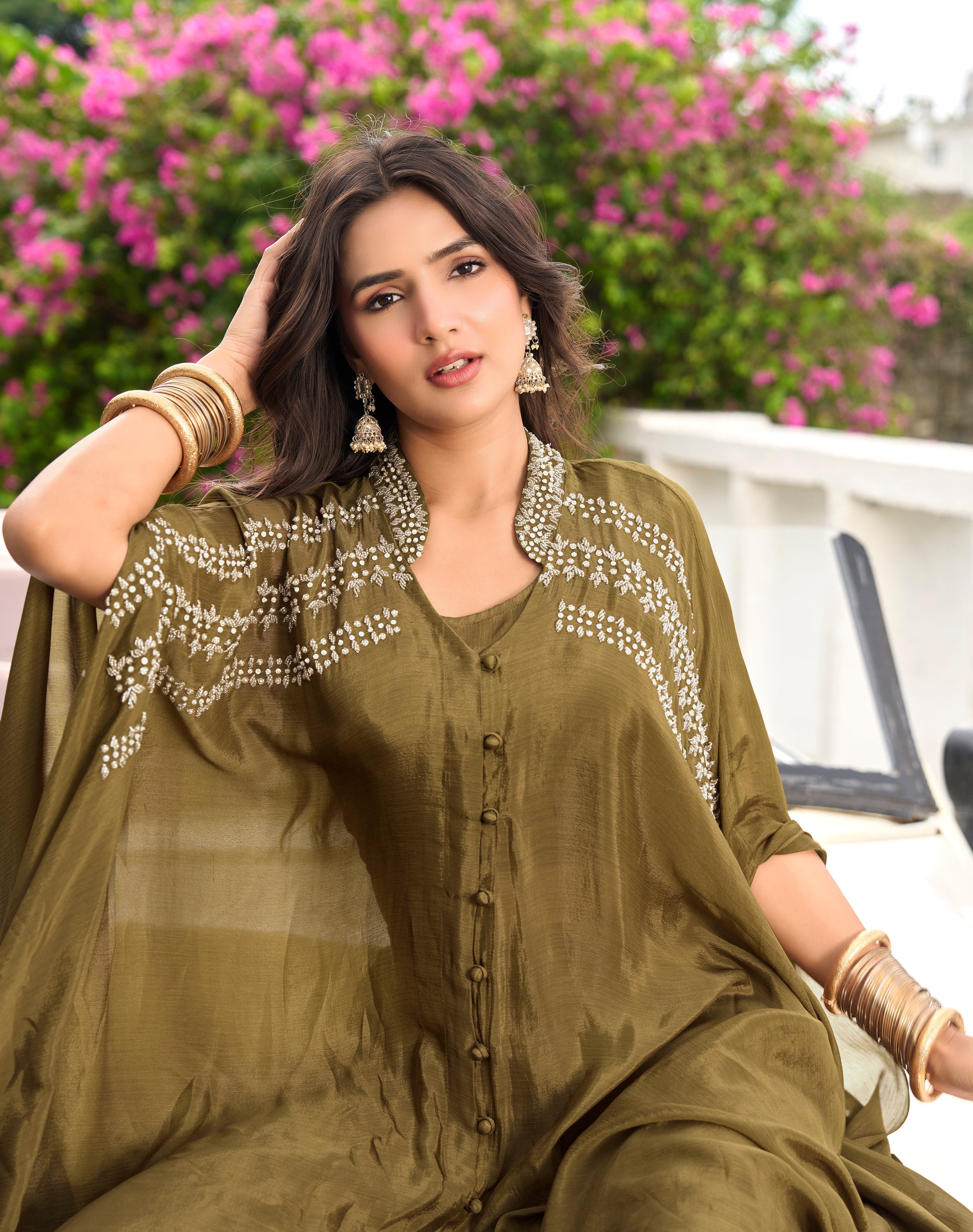 Olive Green Embellished Kaftan Set