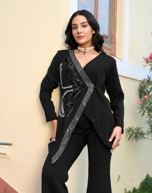 BLACK SEQUIN EMBELLISHED ASYMMETRICAL CO-ORD SET