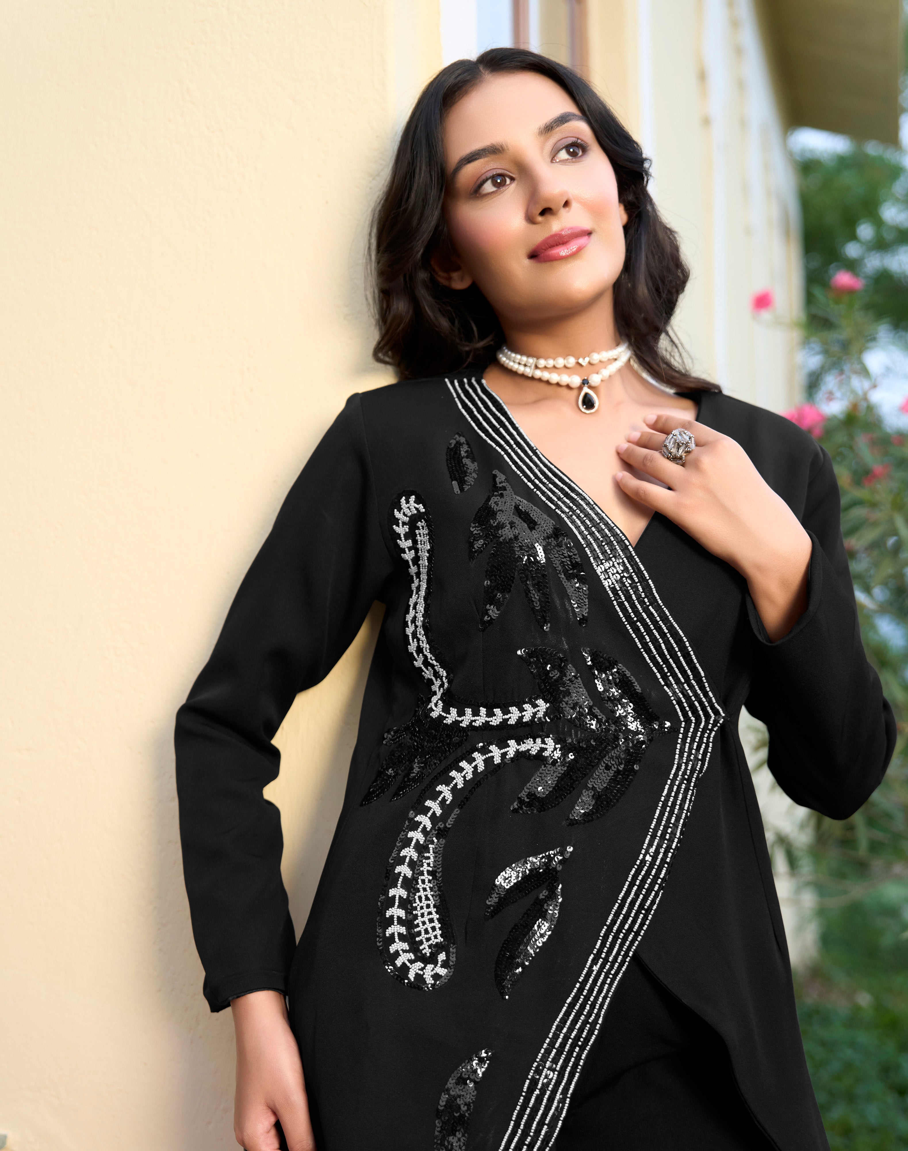 BLACK SEQUIN EMBELLISHED ASYMMETRICAL CO-ORD SET