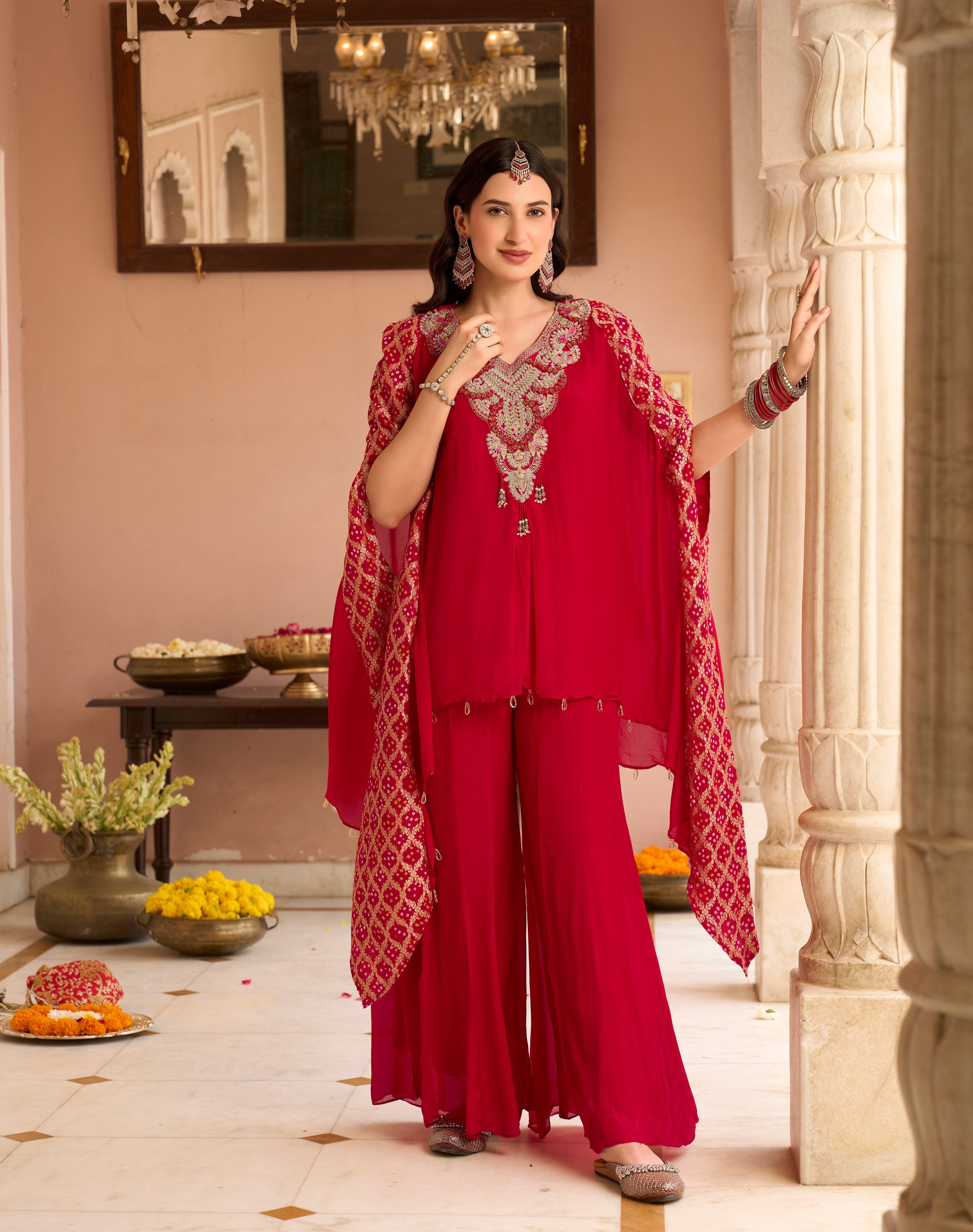 CRIMSON GRACE EMBROIDERED PONCHO CO-ORD SET
