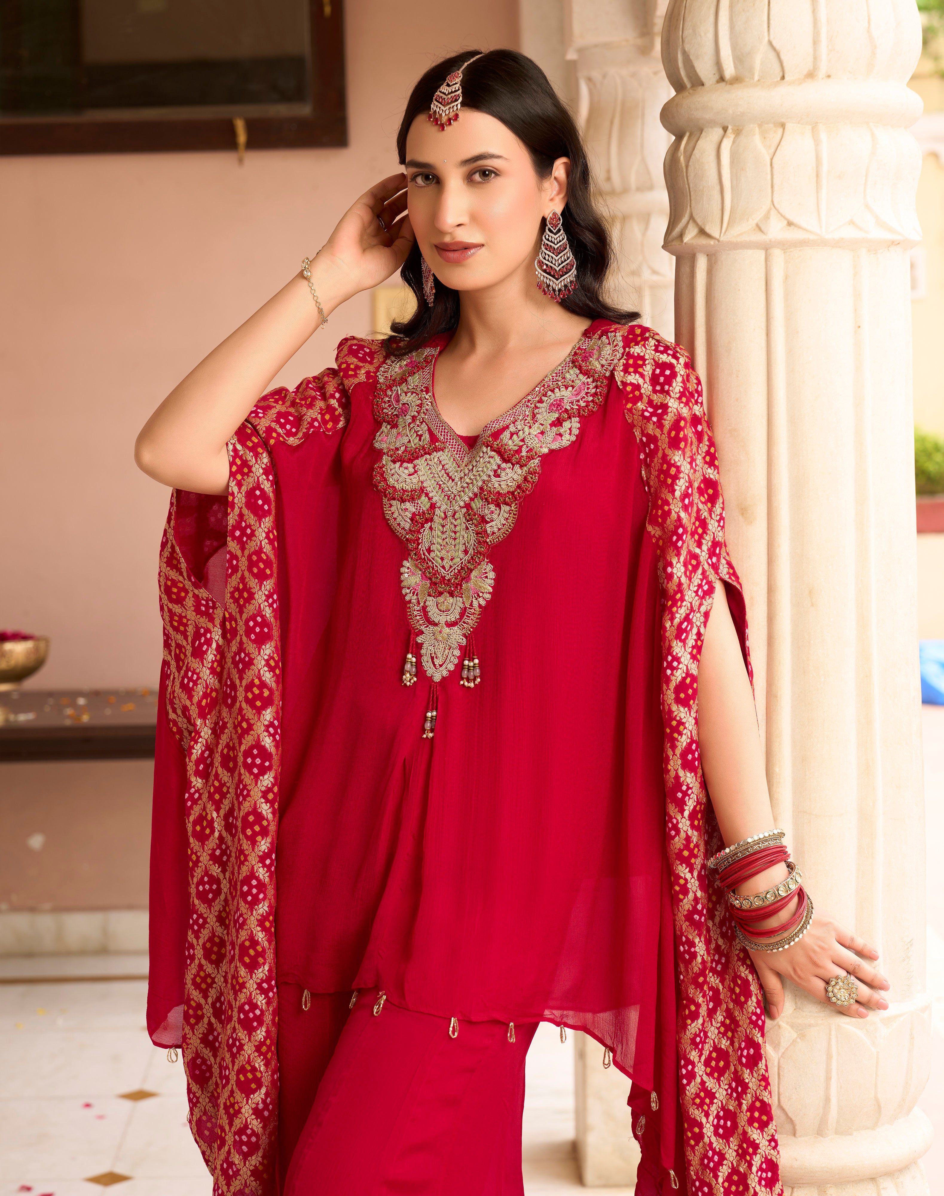 CRIMSON GRACE EMBROIDERED PONCHO CO-ORD SET
