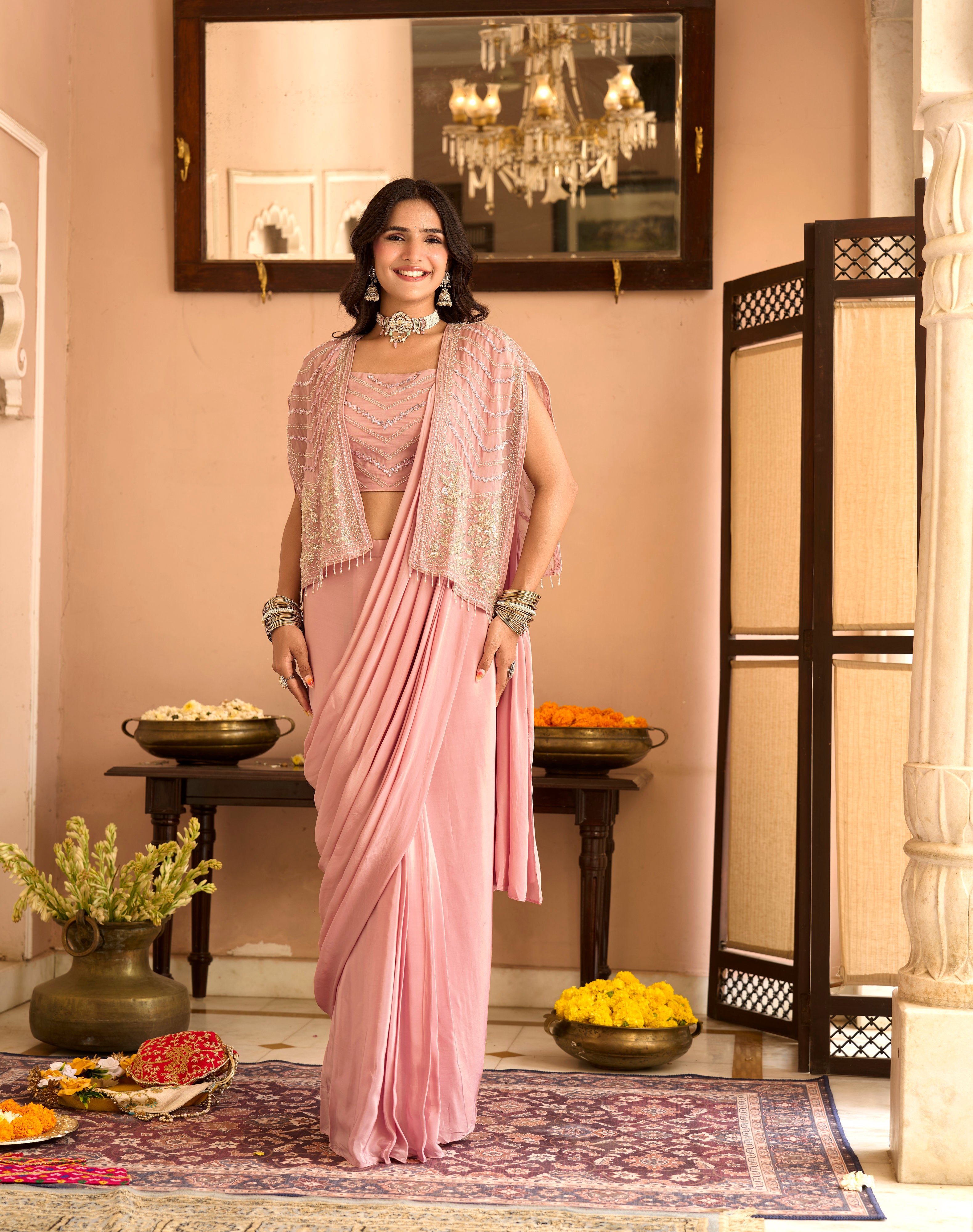 Gulnaar Pink Saree Set With Sequin Cape