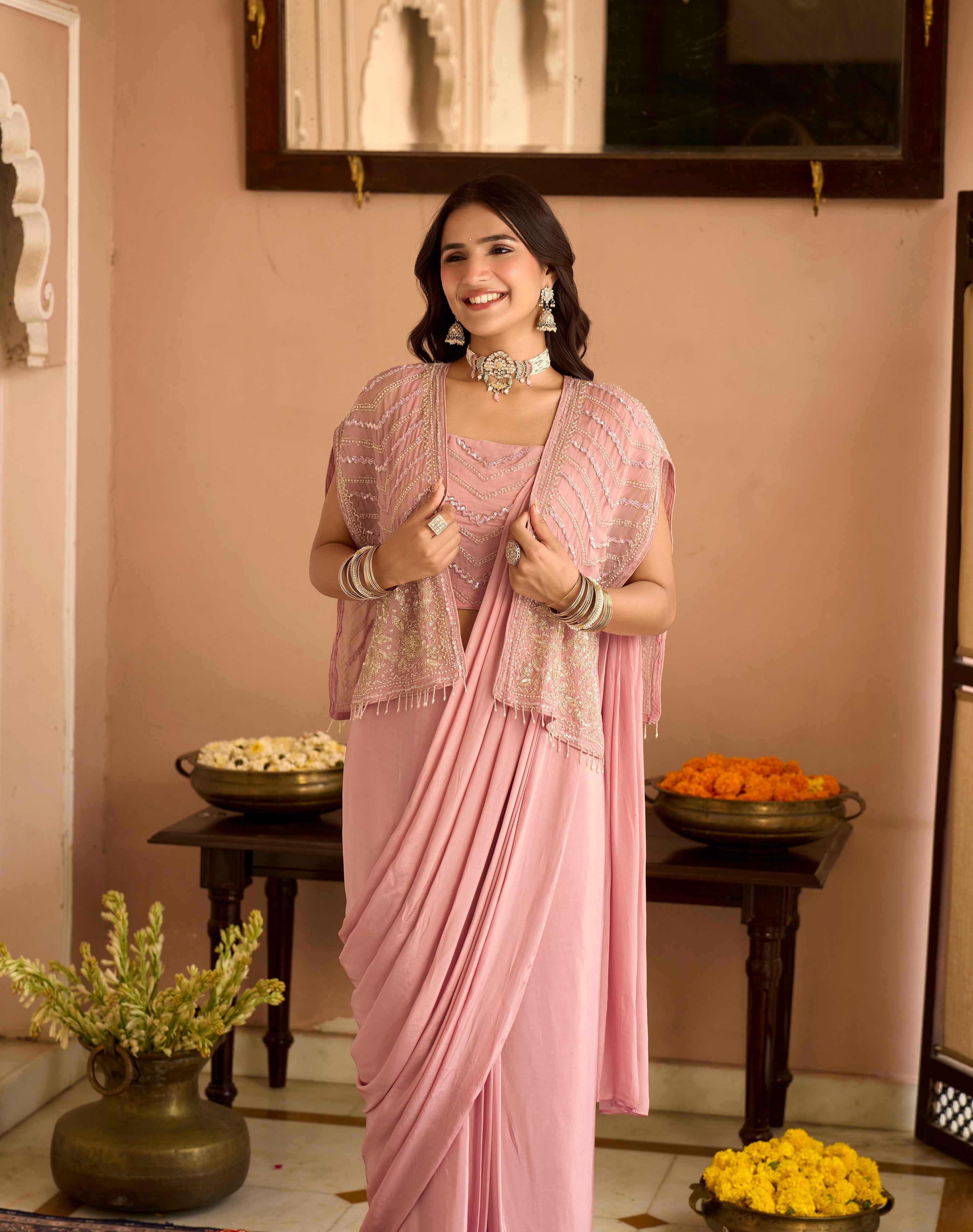 Gulnaar Pink Saree Set With Sequin Cape
