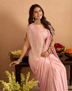 Gulnaar Pink Saree Set With Sequin Cape