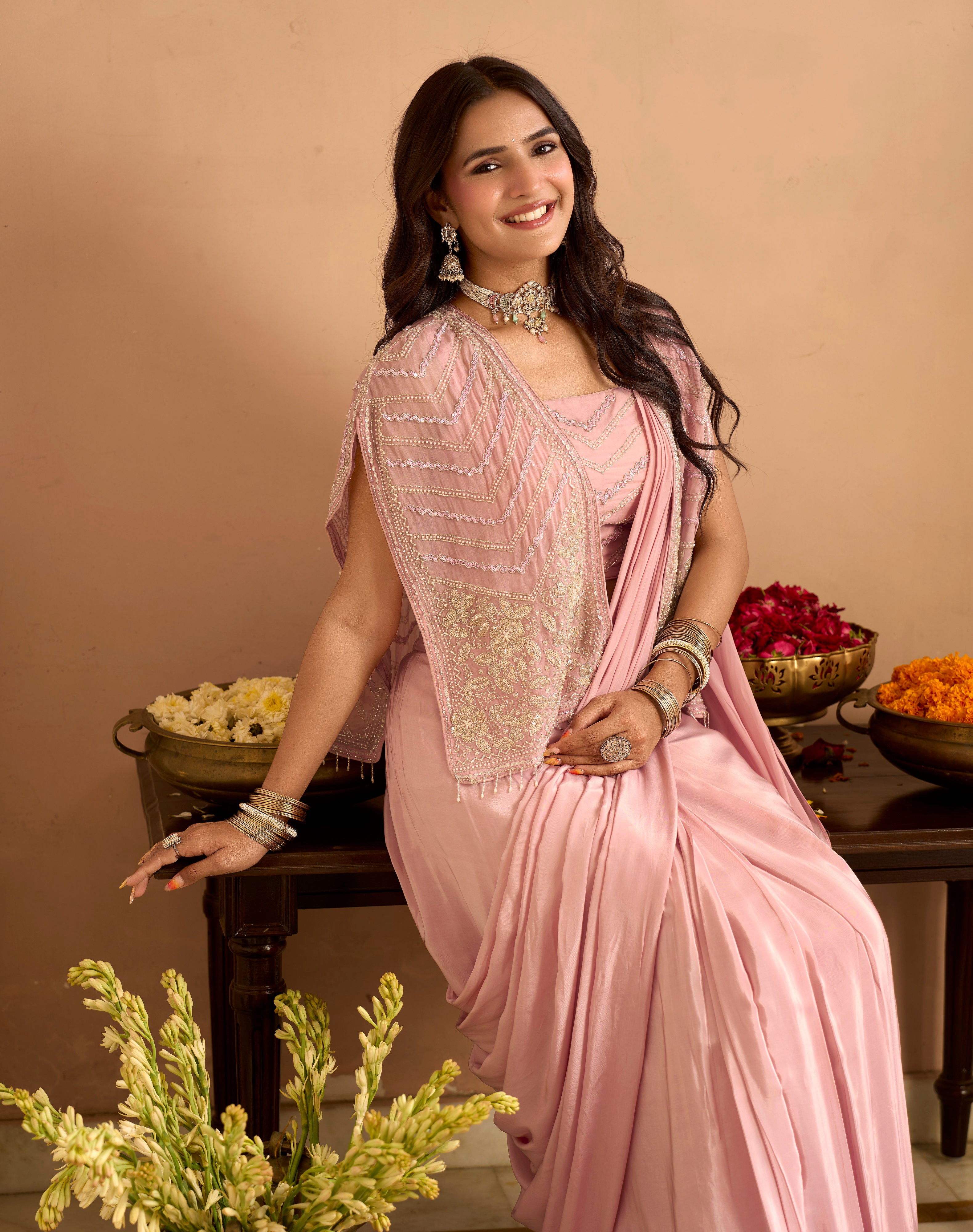 Gulnaar Pink Saree Set With Sequin Cape