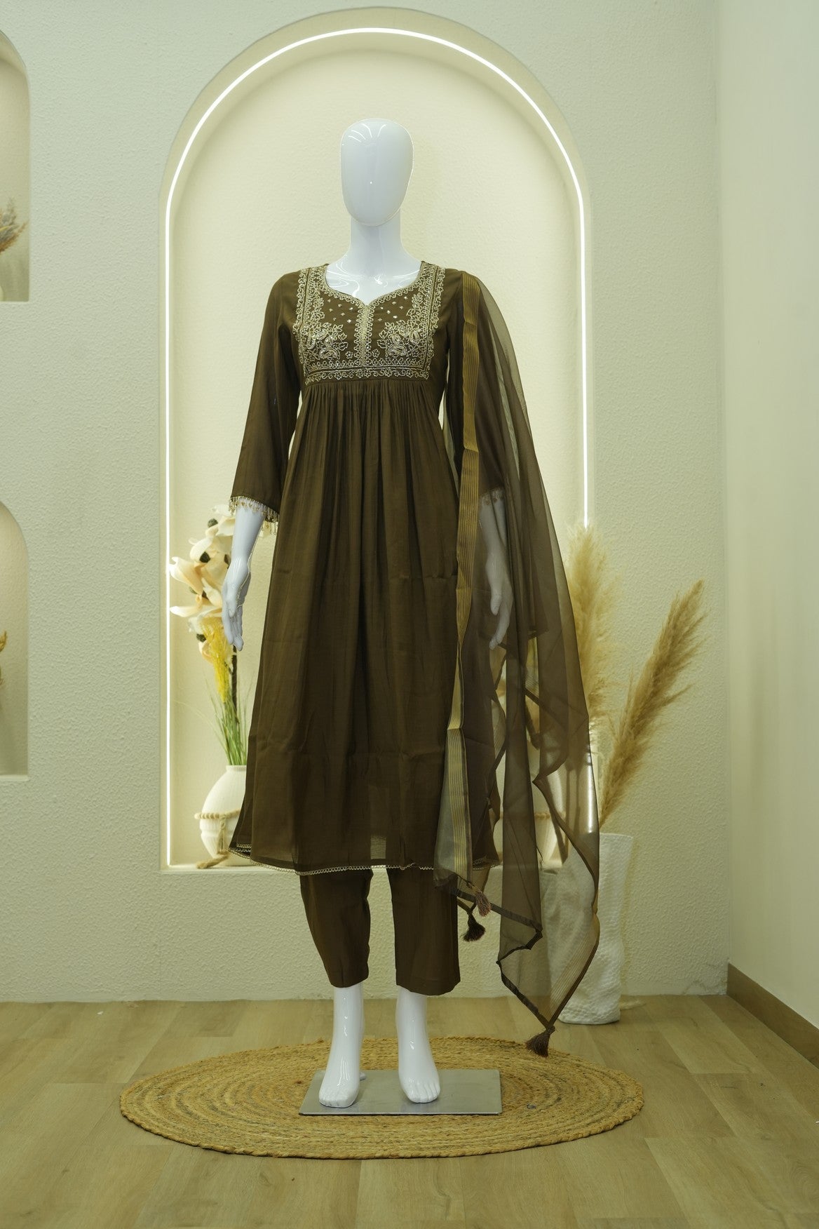 Rust Brown Embroidered Anarkali Kurta Set