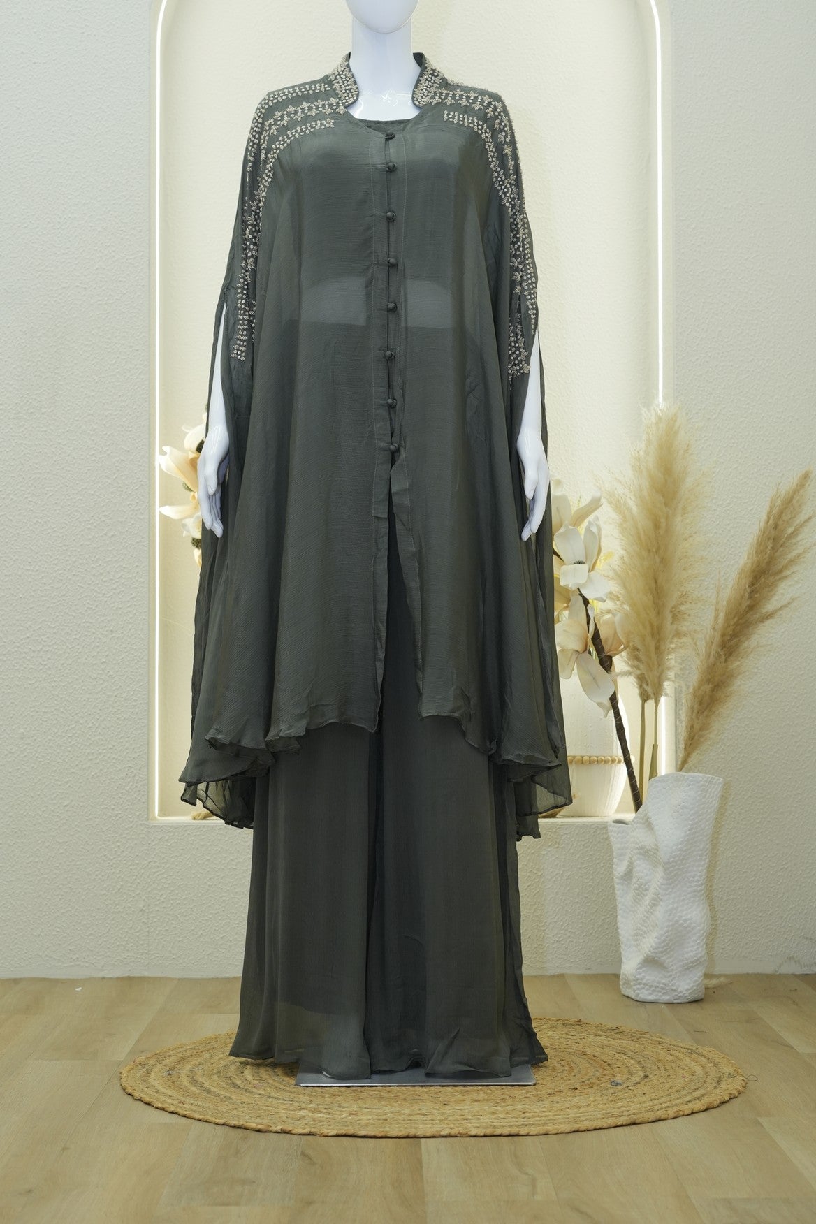 Olive Green Embellished Kaftan Set