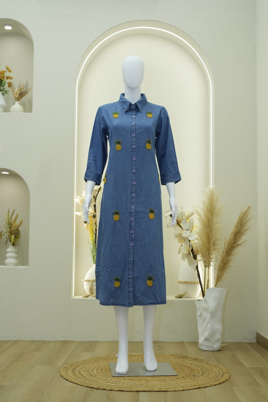 Denim Blue Pineapple Embroidered Shirt Dress