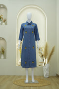 Denim Blue Pineapple Embroidered Shirt Dress