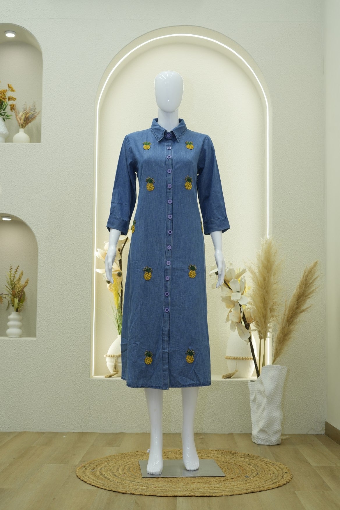 Denim Blue Pineapple Embroidered Shirt Dress