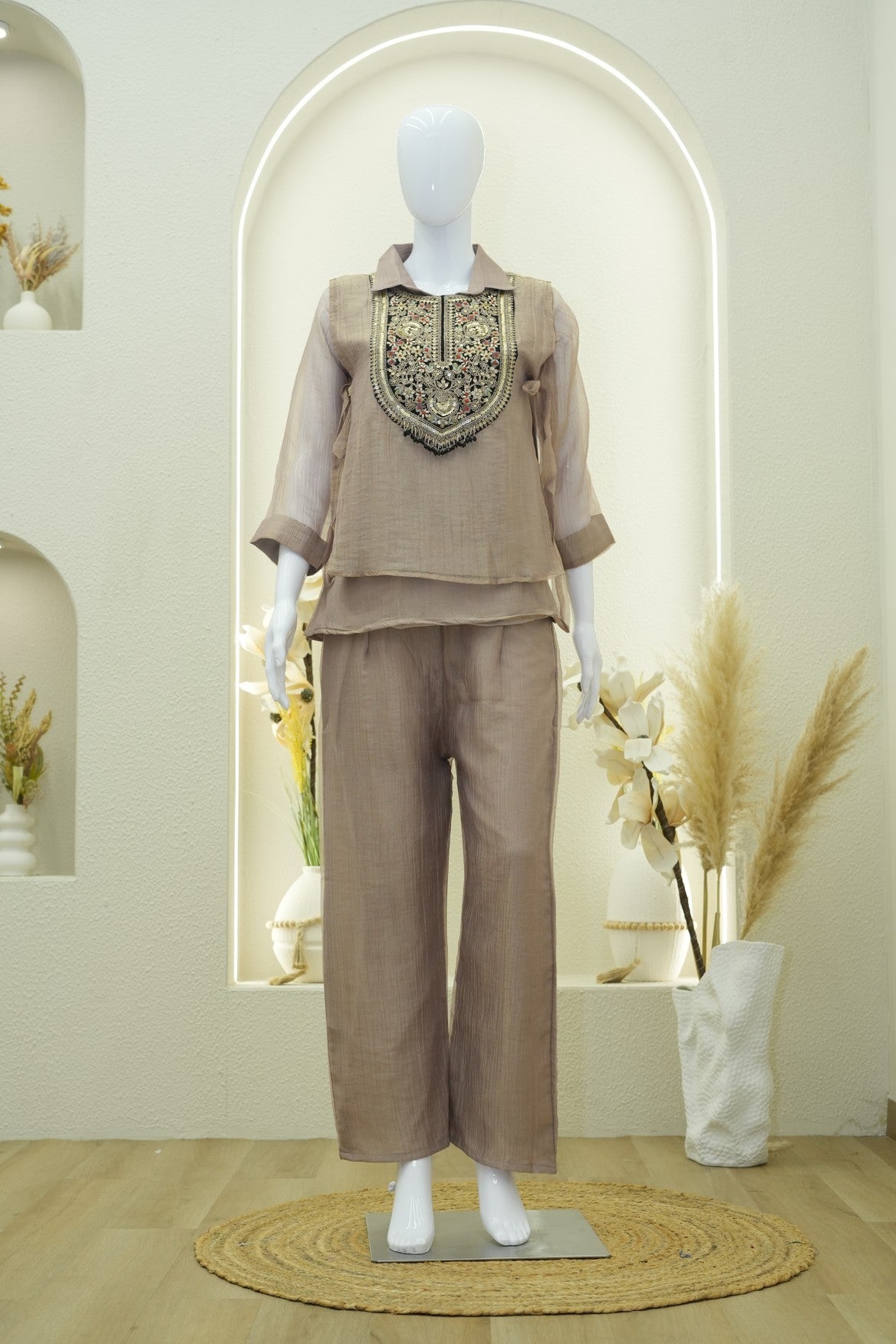 Beige Embroidered Co-Ord Set