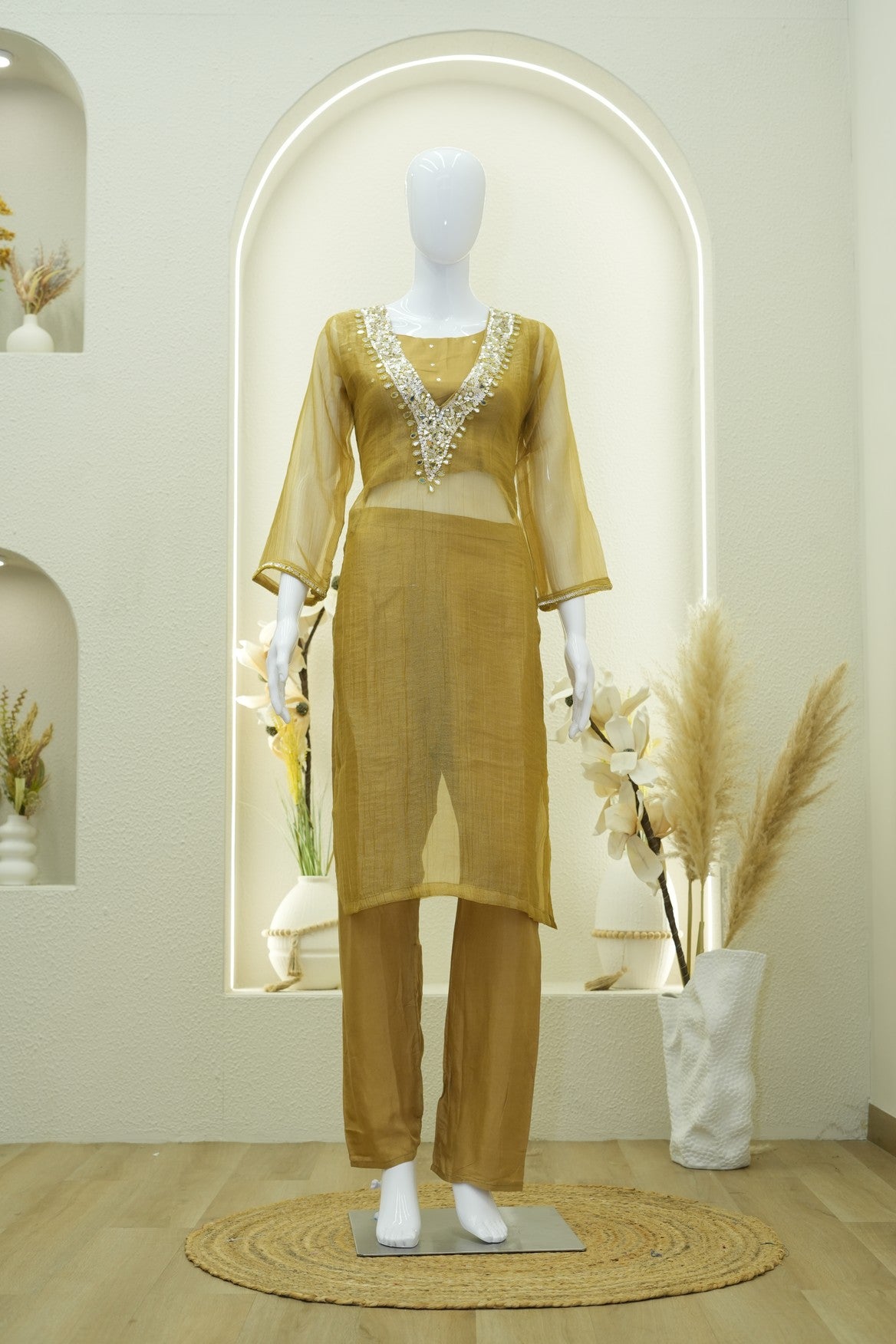 Caramel Embellished V-Neck Kurta & Pants Set