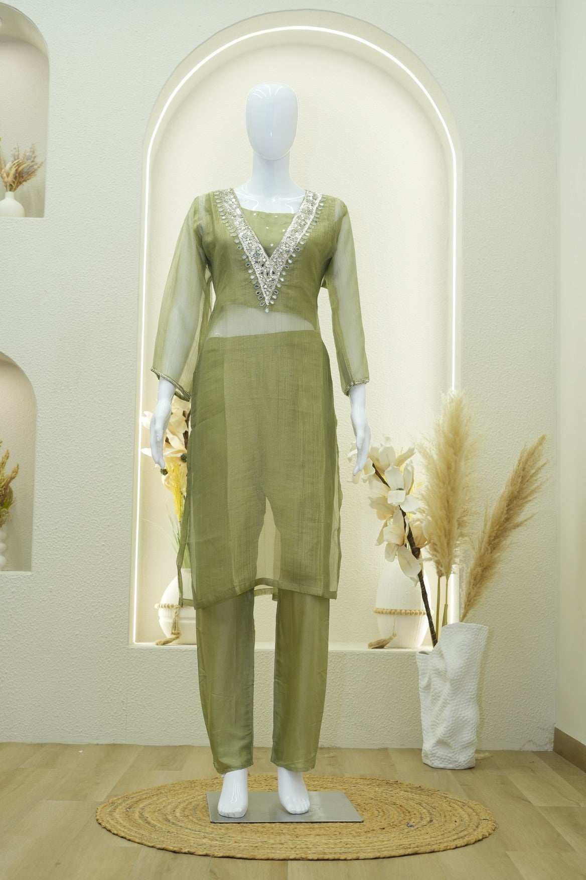 Caramel Embellished V-Neck Kurta & Pants Set