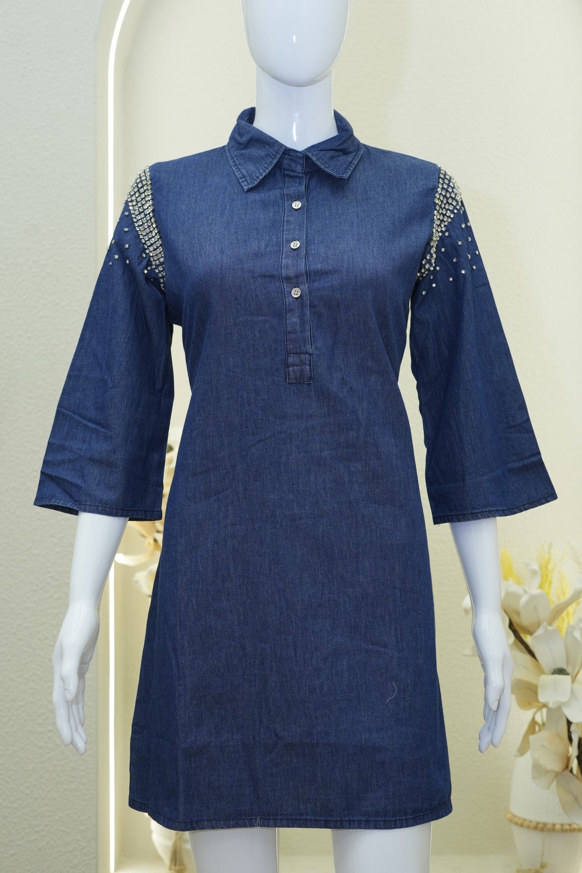 Embellished Denim Shirt Dress