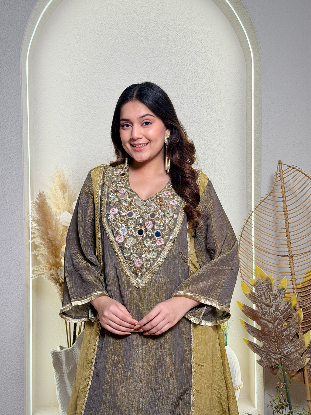 Olive Green & Mustard Embroidered Kurta Set