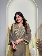 Olive Green & Mustard Embroidered Kurta Set