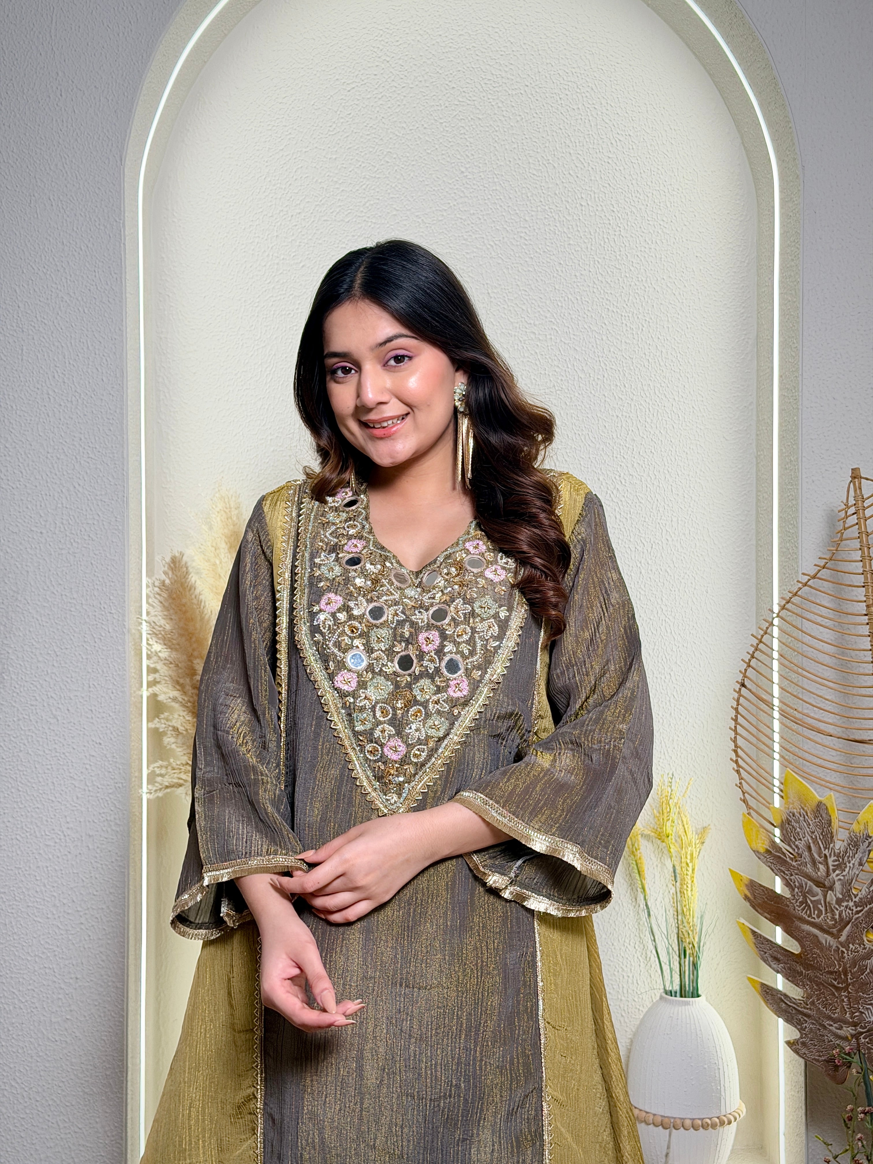 Olive Green & Mustard Embroidered Kurta Set