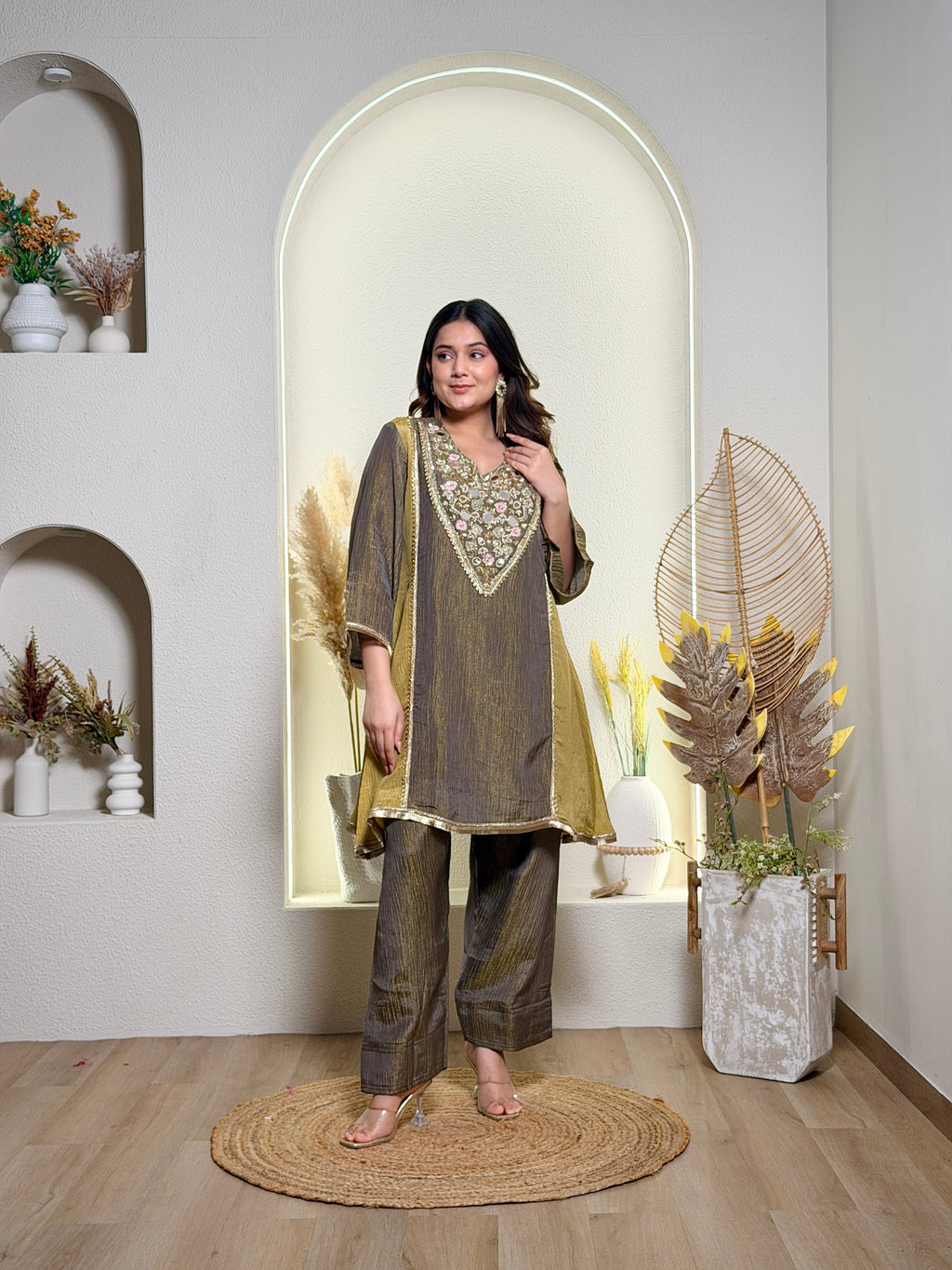 Olive Green & Mustard Embroidered Kurta Set