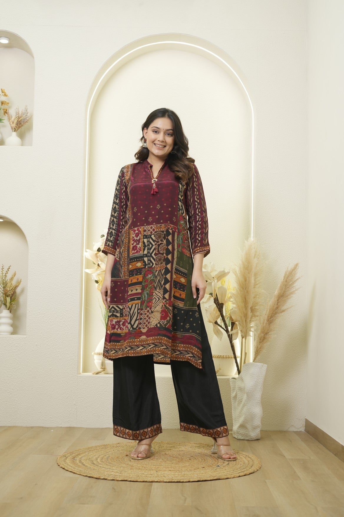 Maroon Patchwork Printed Kurta Pant Set
