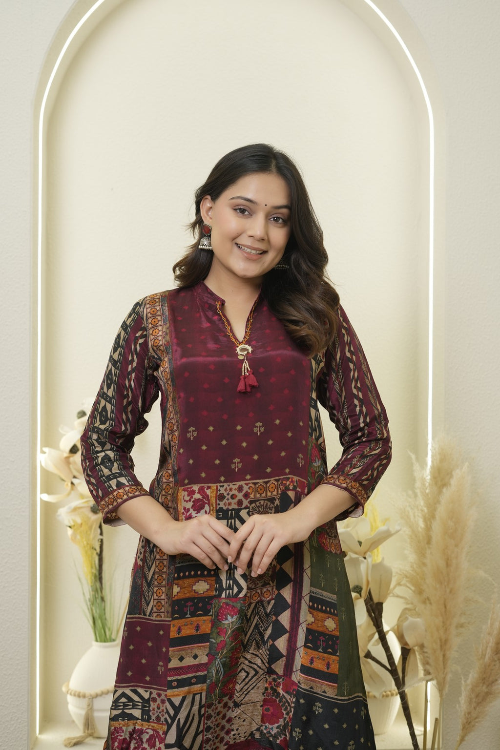 Maroon Patchwork Printed Kurta Pant Set