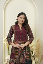 Maroon Patchwork Printed Kurta Pant Set