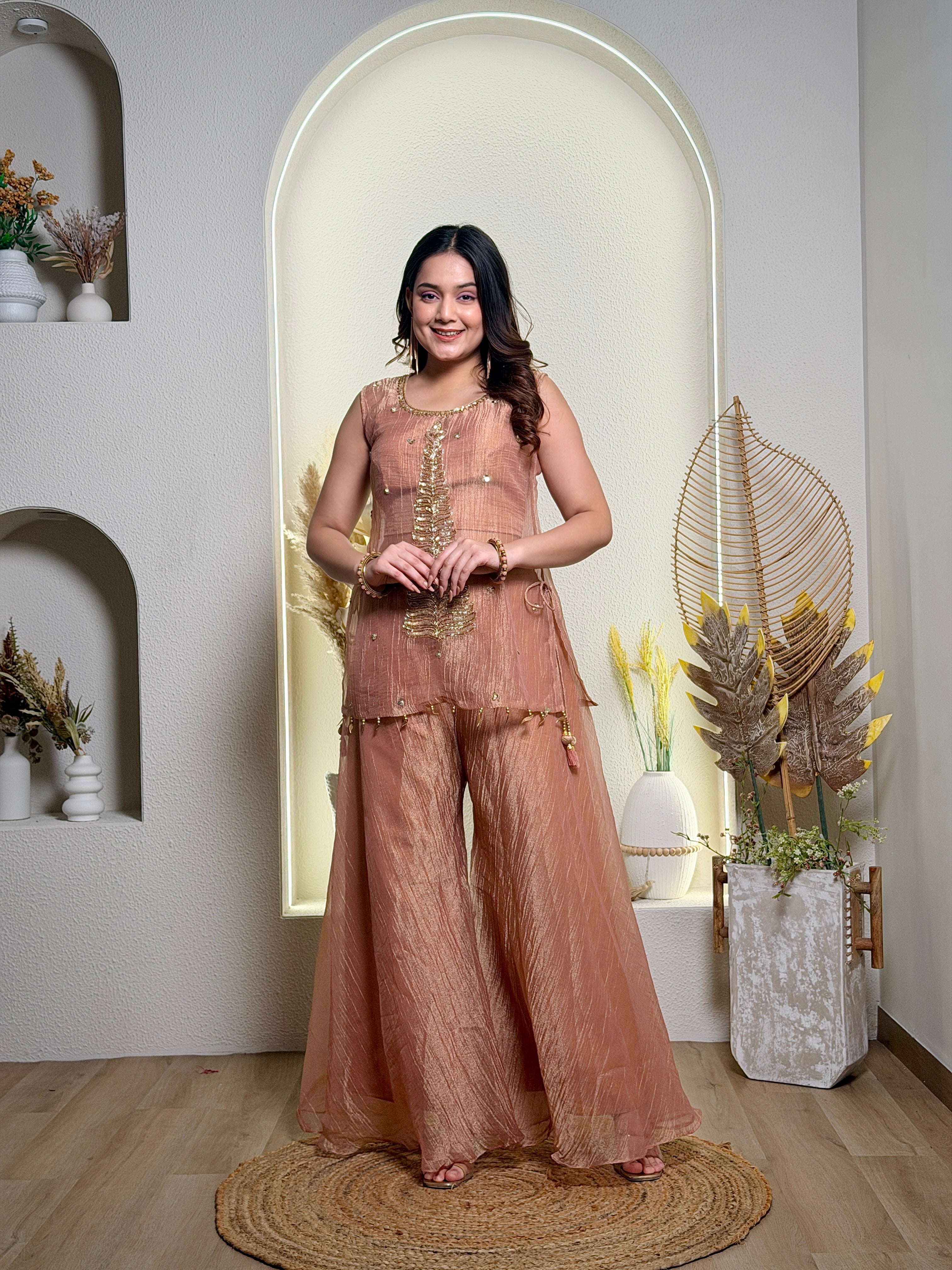 Dusty Rose Pink Sheer Tissue Sharara Set