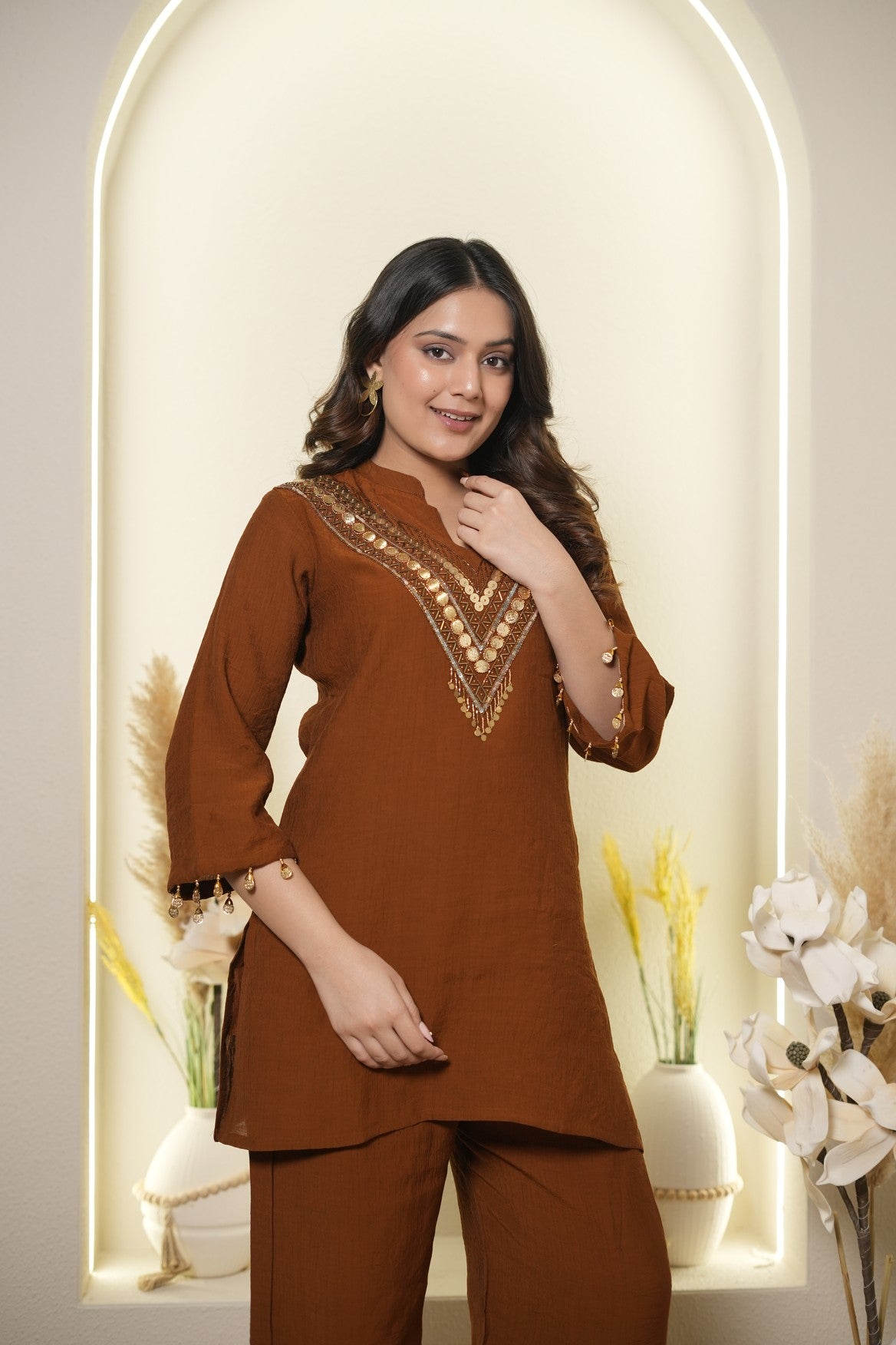 Rust Brown Embroidered Co-Ord Set