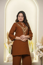 Rust Brown Embroidered Co-Ord Set