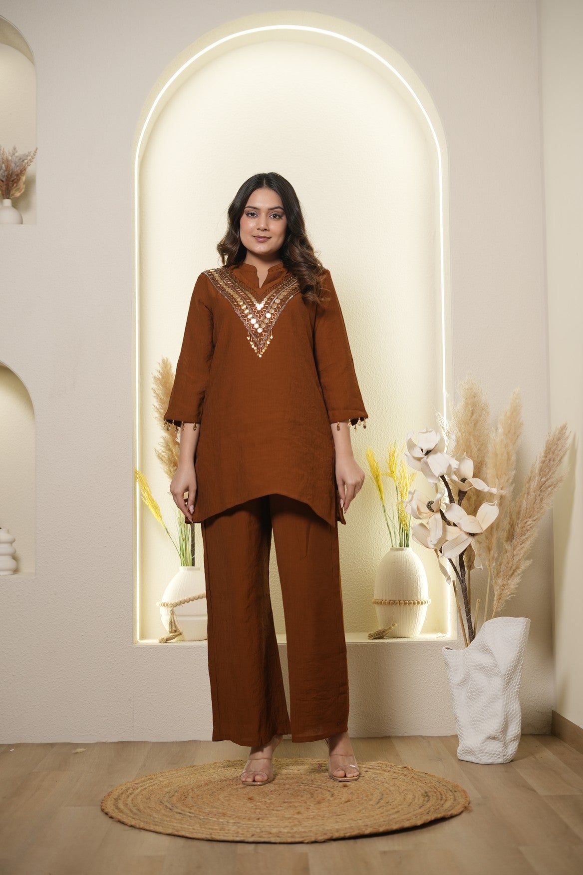 Rust Brown Embroidered Co-Ord Set