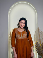 Rust Brown Embroidered Anarkali Kurta Set