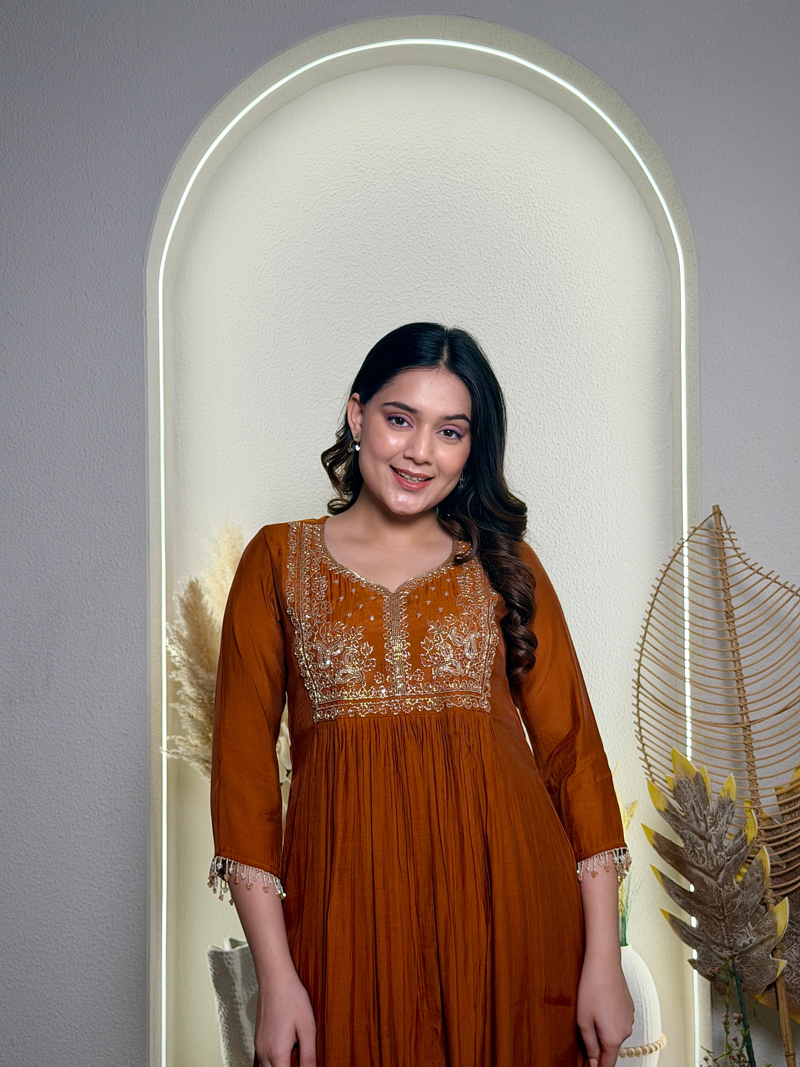 Rust Brown Embroidered Anarkali Kurta Set