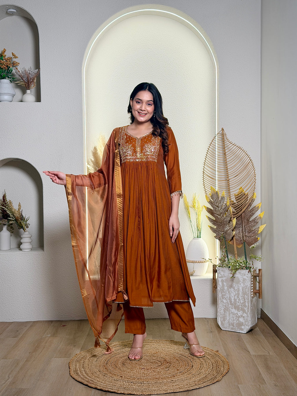 Rust Brown Embroidered Anarkali Kurta Set