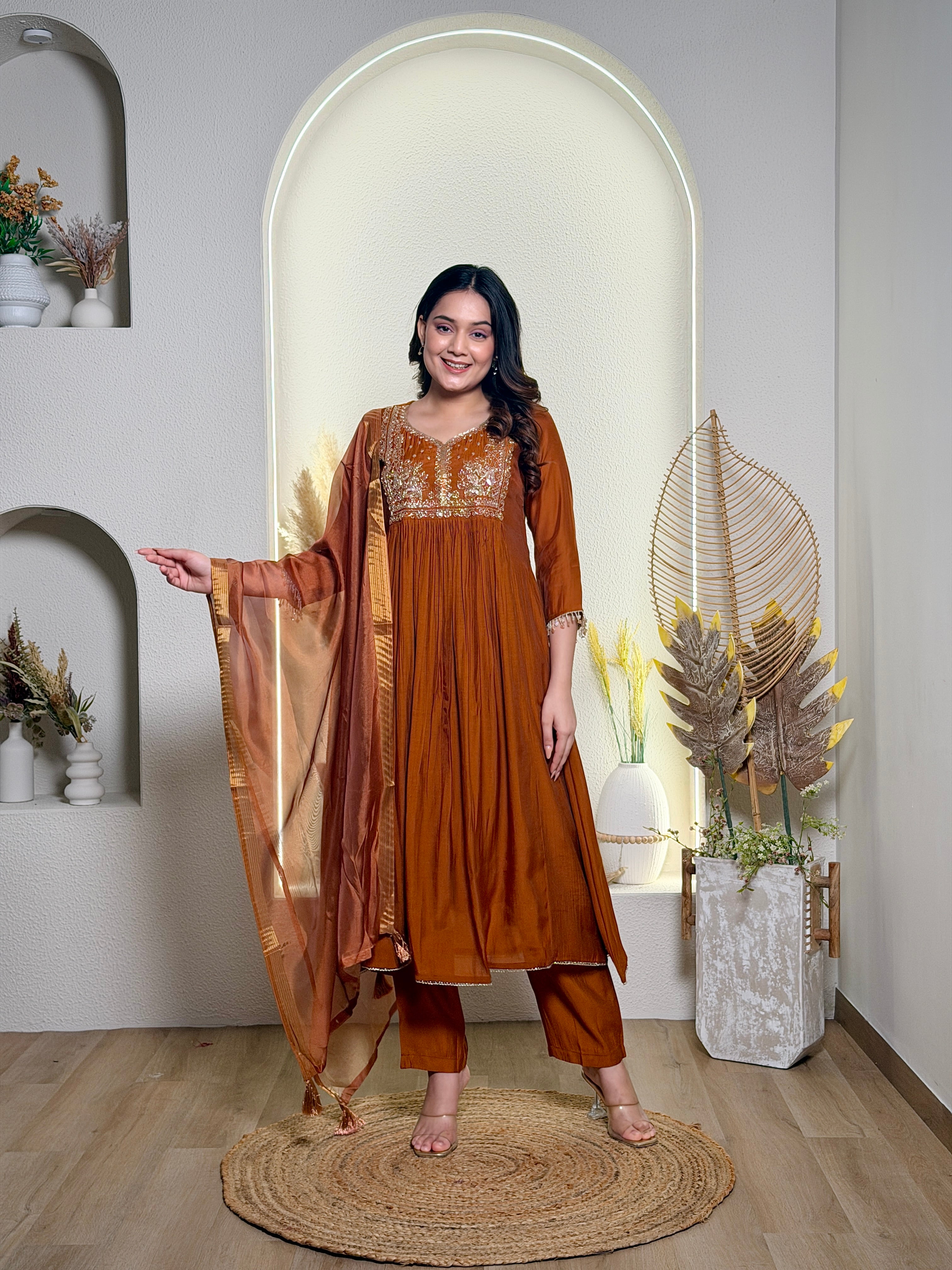 Rust Brown Embroidered Anarkali Kurta Set