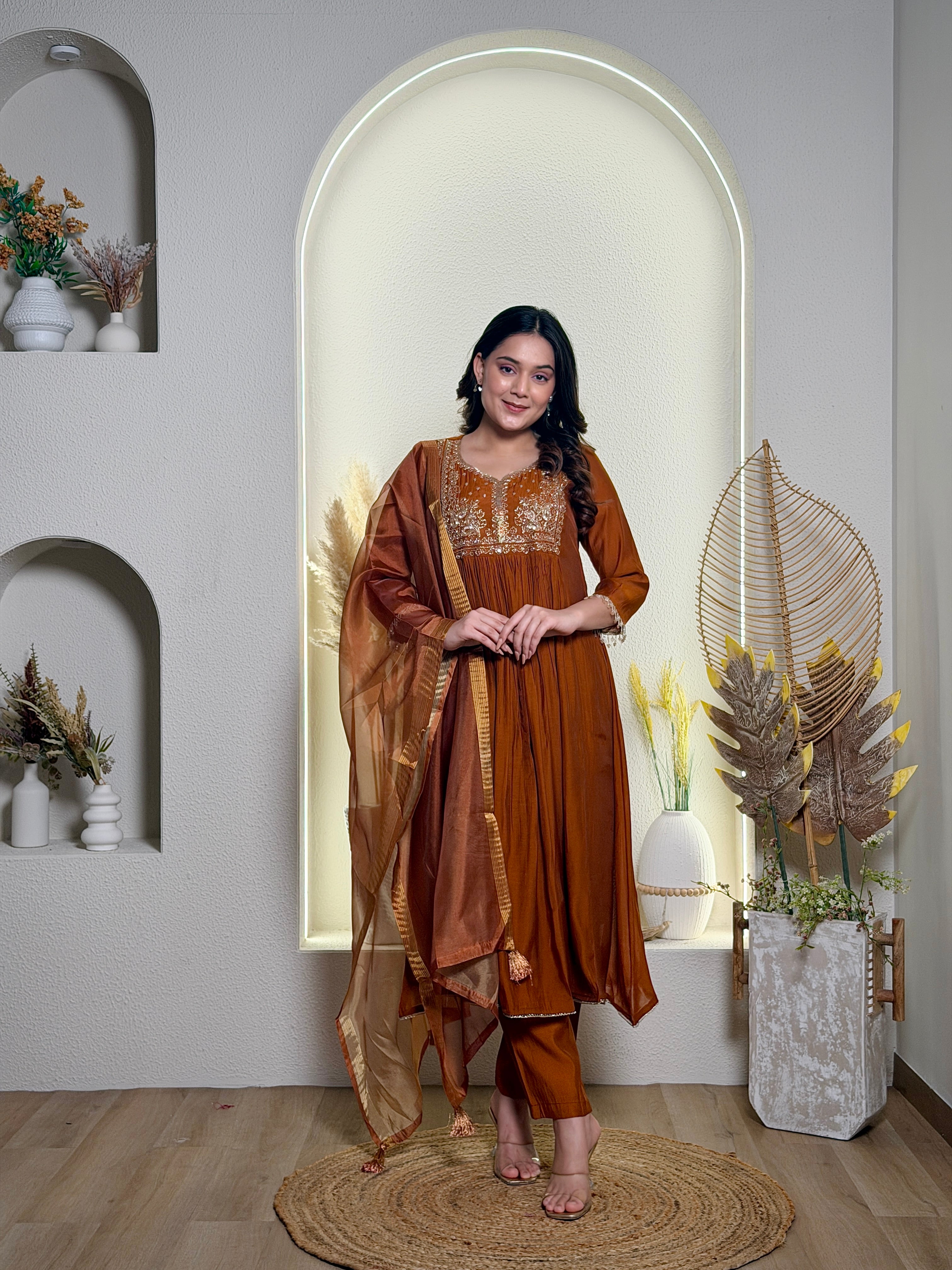 Rust Brown Embroidered Anarkali Kurta Set
