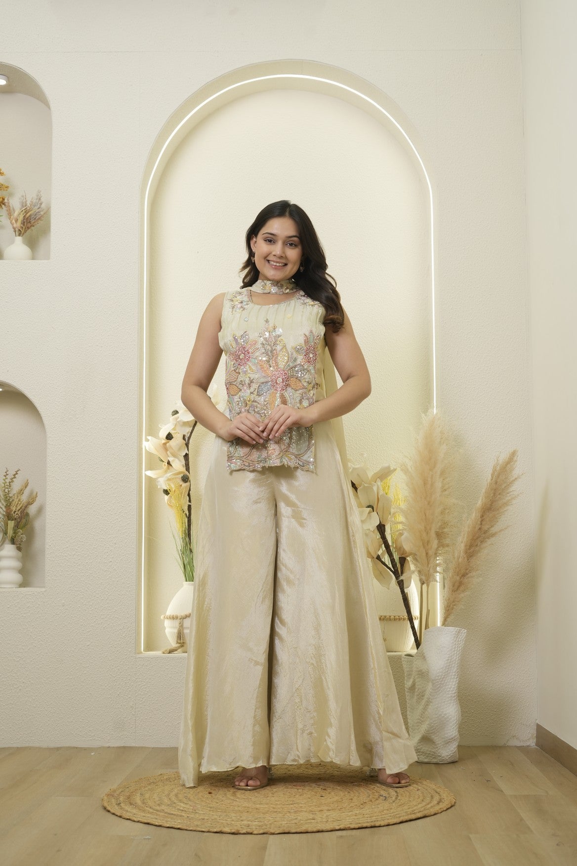 Cream Multicolor Floral Palazzo Kurta Set