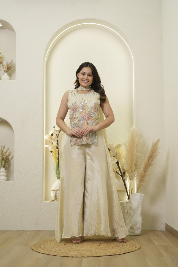 Cream Multicolor Floral Palazzo Kurta Set