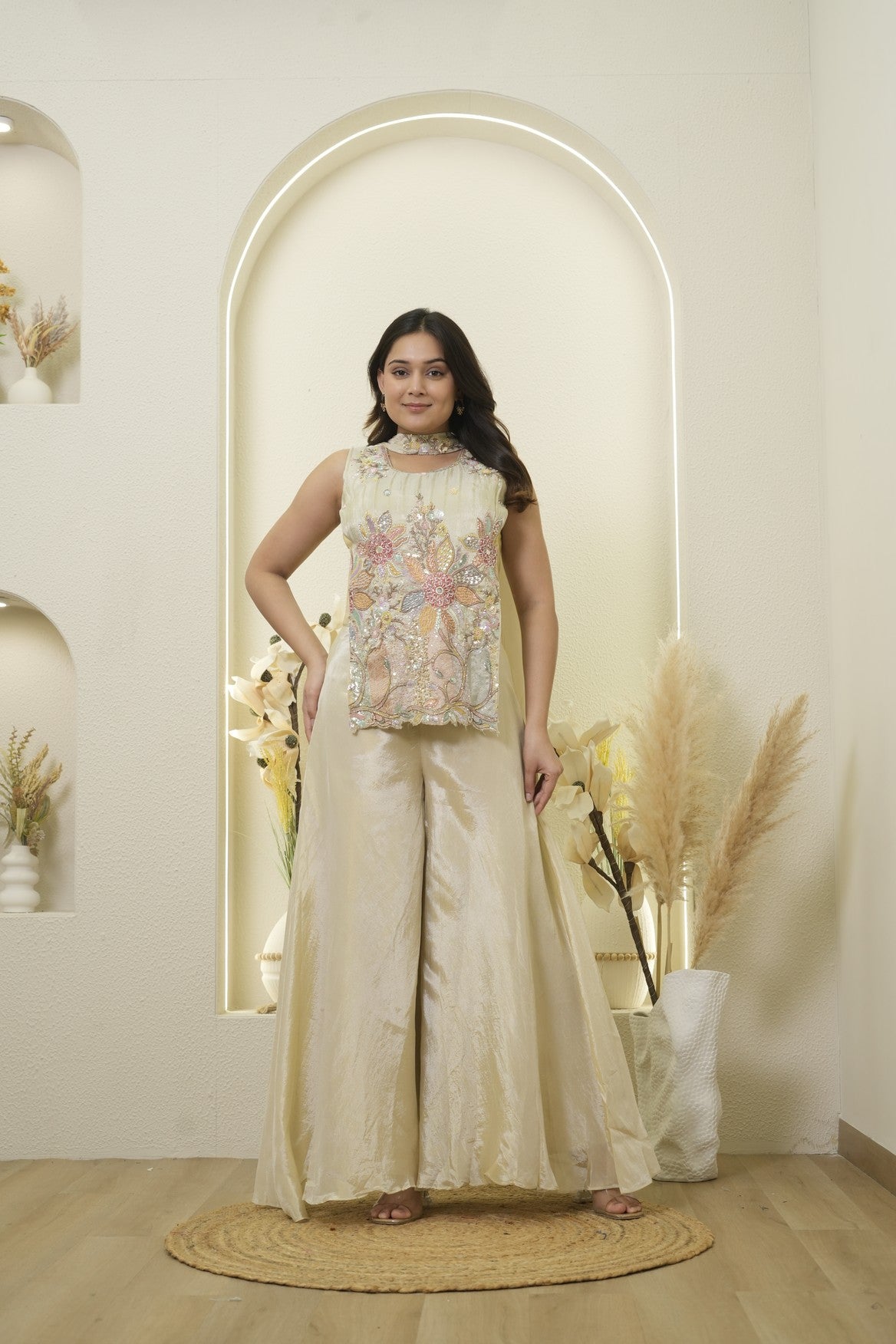 Cream Multicolor Floral Palazzo Kurta Set